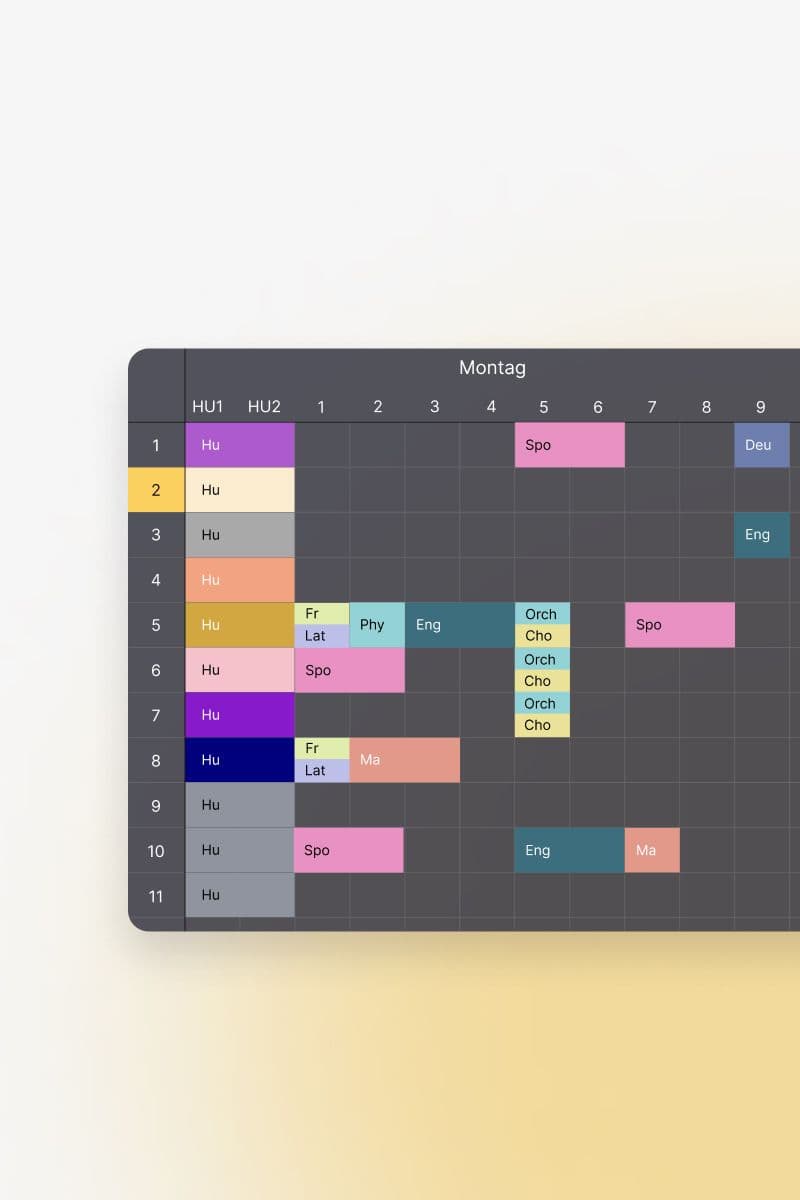 Wochenstundenplan mit farblich markierten Unterrichtsblöcken nach Fach und Zeit.